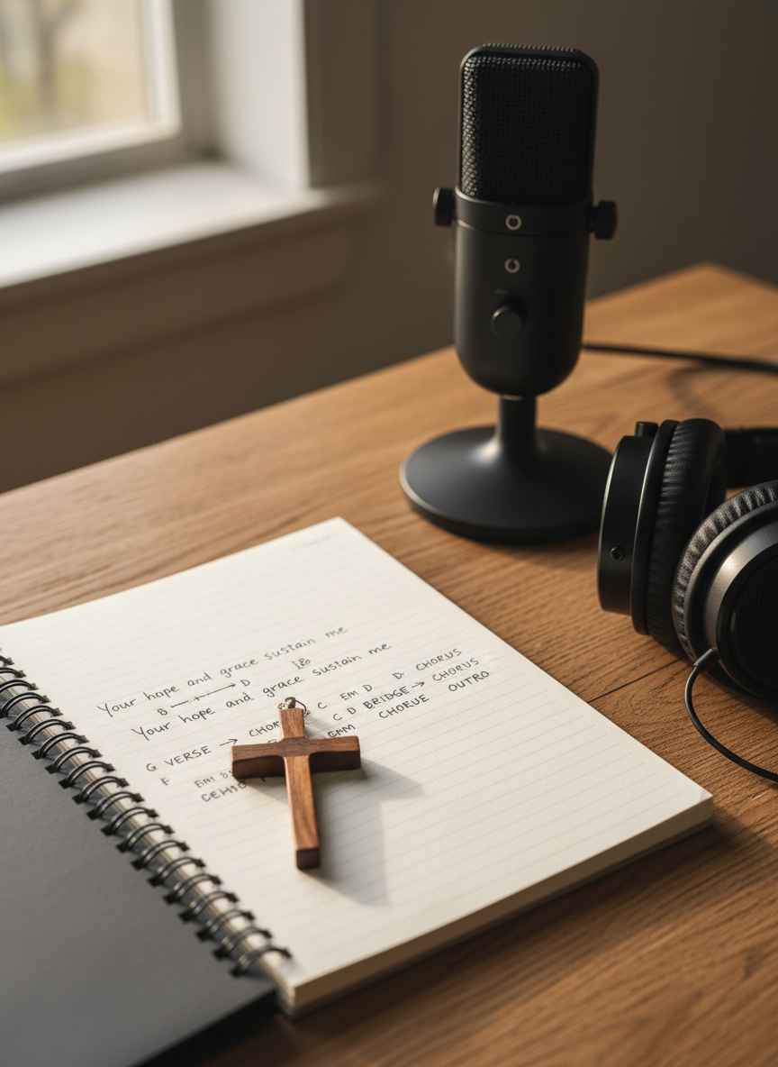 A close-up, photographic view of a spiral-bound worship songwriting notebook lying open on a rustic oak desk, pages filled with neatly written lyrics, chord symbols, and small arrows showing song structure. A finely crafted wooden cross pendant rests on the page, partially covering a line about hope and grace. Beside the notebook sits a sleek black studio condenser microphone on a low-profile stand and a pair of closed-back studio headphones, earcups resting on the desk. Soft afternoon window light falls diagonally across the scene, creating gentle shadows between the notebook lines and a calm, contemplative mood. Shot from a slightly elevated angle with a shallow depth of field, emphasizing the words on the page and the cross, while the microphone and headphones blur subtly into the background.