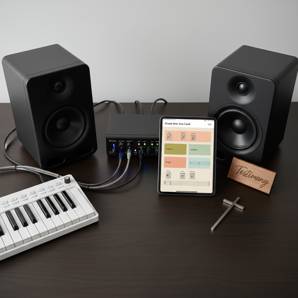 An overhead, photographic composition of a professional worship music mixing setup on a clean, dark walnut studio desk. At the center, a large audio interface with glowing blue and green LEDs connects to a compact MIDI keyboard controller and a pair of sleek, matte-black studio monitors. A tablet displays a modern worship chord chart in a warm beige interface, with song sections color-coded. A small wooden plaque engraved with the word “Testimony” leans against one monitor, while a simple metal cross bookmark rests beside the keyboard. Soft, diffused studio lighting eliminates harsh shadows, creating a balanced, peaceful atmosphere. The mood is orderly, focused, and professional, conveying careful stewardship of sound for worship and storytelling through music production.